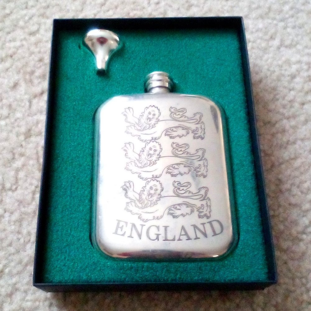 Pewter Flask:  Sheffield England.  Funnel.  Original Box.  Retro
